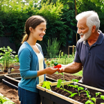 **

Prompt: A vibrant community garden scene. Gardeners of diverse ages are exchanging tips and seedlings. One gardener is pointing to a thriving tomato plant, explaining their technique to another. Soft, natural lighting with a focus on the shared knowledge and collaboration.

**