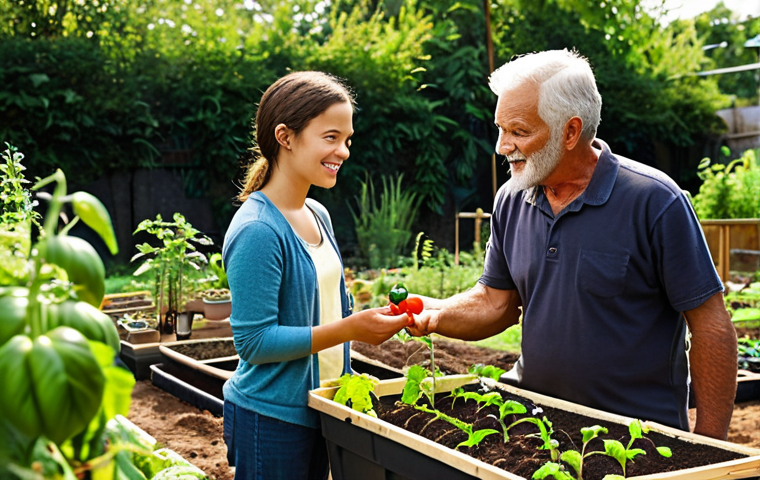**
Prompt: A vibrant community garden scene. Gardeners of diverse ages are exchanging tips and seedlings. One gardener is pointing to a thriving tomato plant, explaining their technique to another. Soft, natural lighting with a focus on the shared knowledge and collaboration.
**